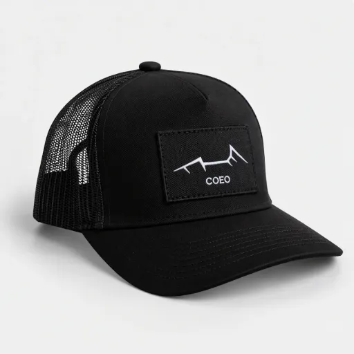 [HAT_BLACK] COEO black trucker cap with black mountain patch